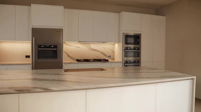 Bright modern kitchen with white cabinets and marble countertop.