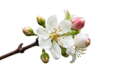 Close up of apple tree blossoms and unopened buds against a white background