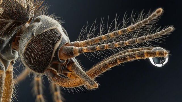 Close-up of a mosquito head with a water droplet on its proboscis