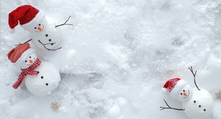 Cheery snowmen in Santa hats frolicking on snow blanket