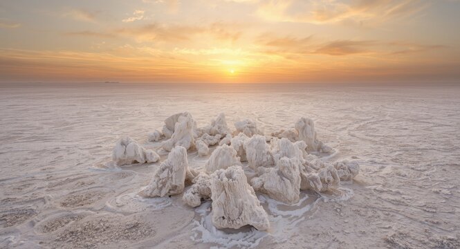 Desolate salt flat terrain with natural salt formations in view
