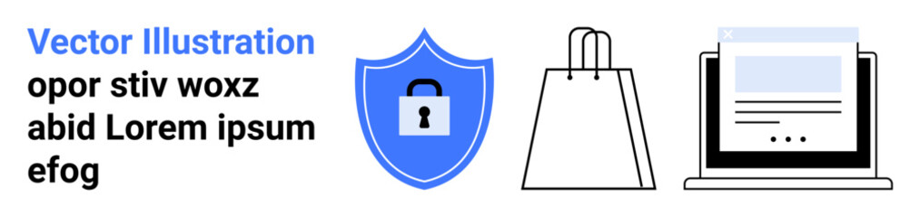 Padlock embedded in blue shield, shopping bag, and laptop screen with documents. Ideal for online safety, e-commerce, digital marketing, online shopping, cybersecurity, web development educational