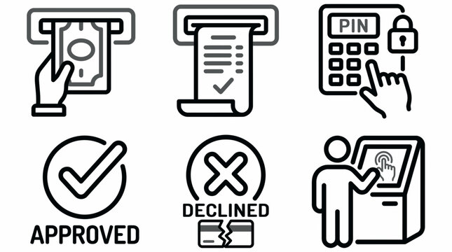 Set of black line icons depicting ATM withdrawal, transaction receipt, PIN entry, approval, decline and customer using kiosk, concept for banking application interface and financial service manual