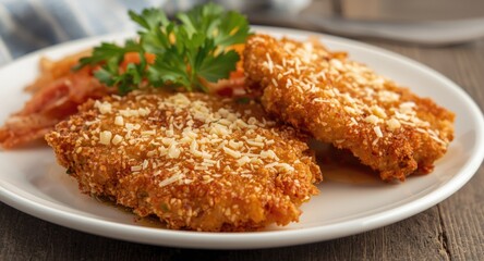 Close up of crispy fried chicken cutlets with parmesan cheese crust on white plate