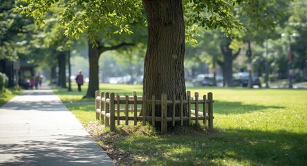 Concrete sidewalk tree fenced with wood in a public park scene with copyspace and urban street view