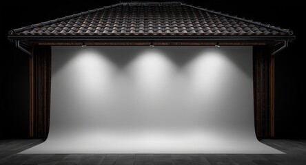 Obraz premium Advertising backdrop with tiled roof overhang and metal gutters enhanced by dramatic lighting and extensive copy space