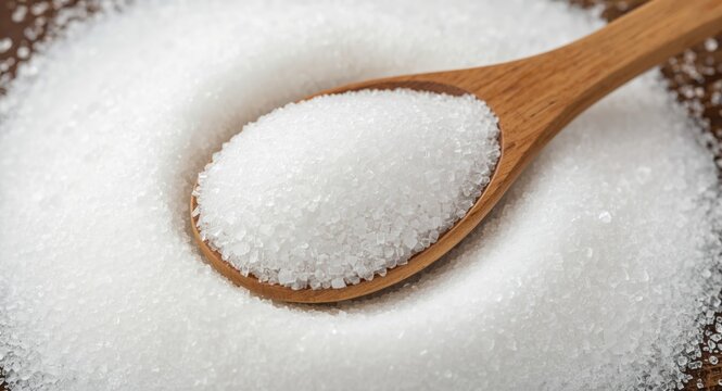 Close-up imagery of wooden spoon packed with dextrose sugar balanced on sugar