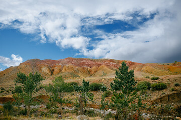 Stunning red rock landscape under vibrant blue sky with lush green trees