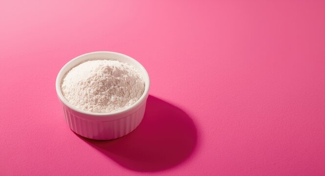 White bowl filled with powdered colostrum milk on bright pink surface with copy space