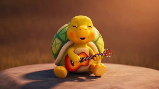 Cheerful cartoon turtle serenading with ukulele animation ideal for childrens content and educational videos showcasing musical creativity