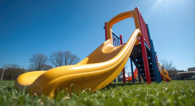 Plastic playground slide with vibrant tones on a sunny day