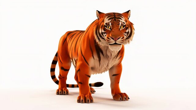 Cartoon tiger standing proud on a white background,animated rendering of a striking bengal tiger