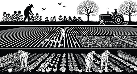 Farm landscape with farmers working tractor fields crops and livestock rural agriculture black vector illustration panoramic scene © Polash