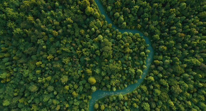 Conceptual AI visualization of planetary health with healthy green forest and stomach shaped river from aerial perspective