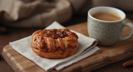 Delicious pecan danish pastry displayed on a cloth napkin next to a steaming coffee cup with rustic wooden board blur