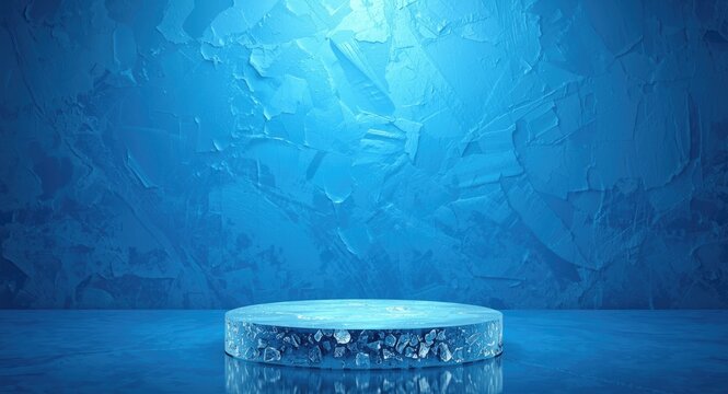 Cold advertising scene featuring a cool ice podium and a textured blue 3D background display