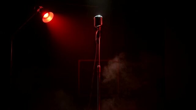 Vintage microphone illuminated by red spotlight in fog