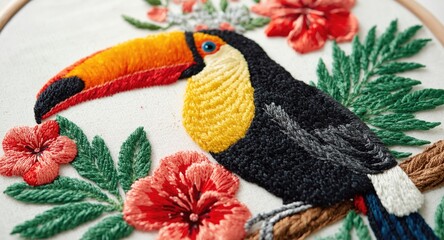 Fototapeta premium Decorative embroidery design with toucan and stylized tropical bird imagery