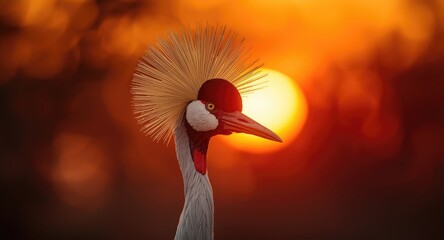 Fototapeta premium Beautifully poised crowned crane featuring a gold crown during a radiant sunset