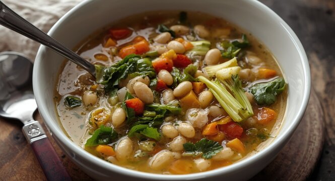 Delicious white bean soup with tender escarole in a large serving bowl