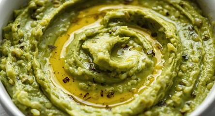 Obraz premium Delicious vegetarian avocado spread glistening with olive oil in focused presentation