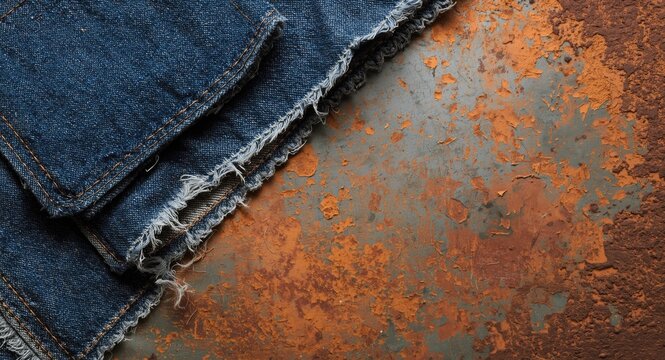 Zoomed in denim cloth pieces over distressed rusted iron background featuring copy space