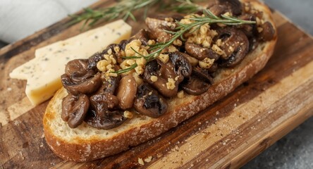 Fototapeta premium Cheese and rosemary seasoned sautÃ©ed mushrooms atop toasted sourdough on rustic wooden serving board