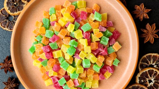 Candied fruit in colorful cubes as an ingredient for baked goods and sweets. Candied fruit as a food background for your design