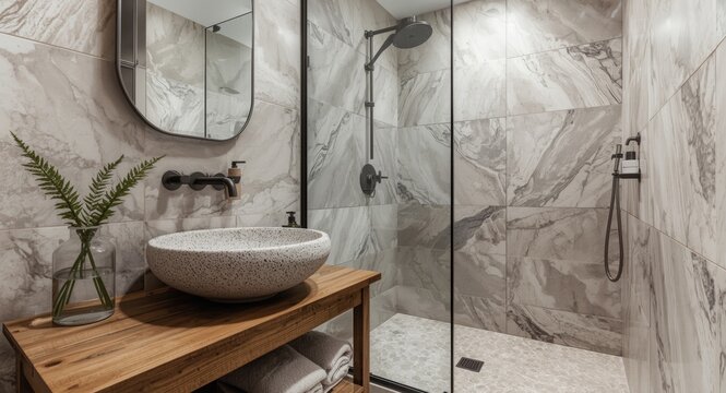Chic bathroom setup including a stone basin placed on a rustic wooden base, a glass shower screen and walls adorned with marble look tiles