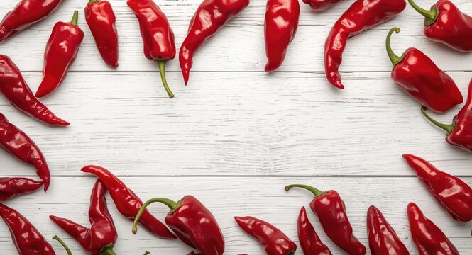 Deep red Kapia peppers scattered on a white wooden backdrop