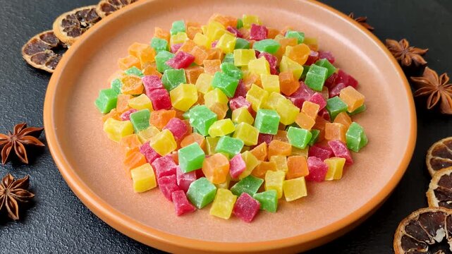 Candied fruit in colorful cubes as an ingredient for baked goods and sweets. Candied fruit as a food background for your design