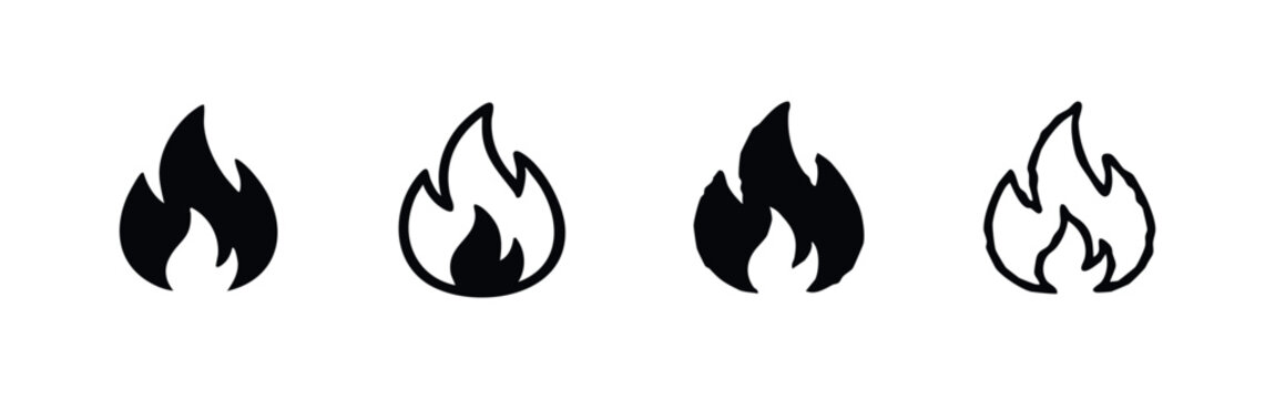 Fire Flame Icon Set in Black and White Doodle Style