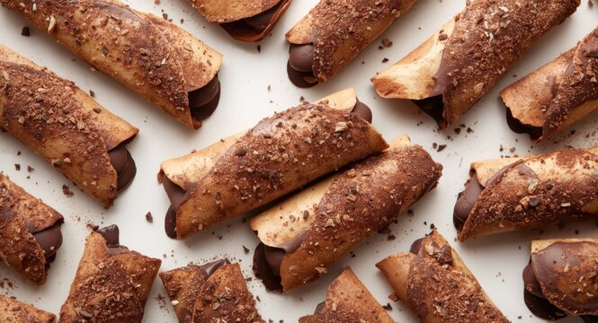Chocolate flavored Kue Semprong rolled crepes arranged on white surface