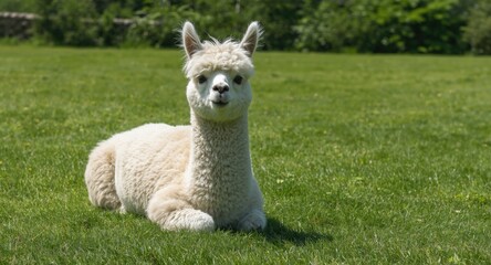 Obraz premium Charming alpaca pet playing on a sunny green lawn with vivid summer greenery