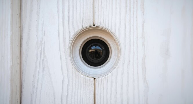 Detailed shot of a peephole embedded in a white wooden door featuring soft depth effect