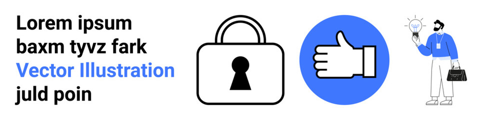 Lock icon, thumbs up symbol, and a person holding a lightbulb. Ideal for security, approval, innovation, safety, protection creativity and business topics. Landing page © robu_s