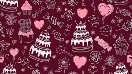 Naklejka premium A whimsical pattern featuring an assortment of desserts and sweet treats on a maroon background