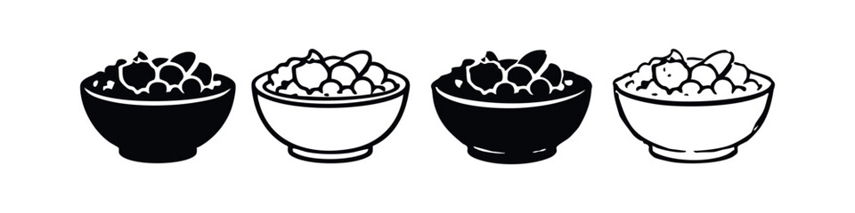 Hand drawn doodle set of berry fruit bowls. Outline and silhouette icons of breakfast cereal with fruits. Vegan food vector illustration. © liubomir118809