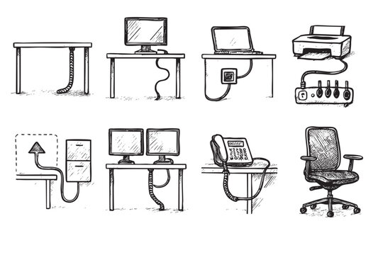 Hand-drawn illustration of office furniture and equipment in black and white, including a desk, chair, computer, printer, and filing cabinet. Perfect for use in creative designs.