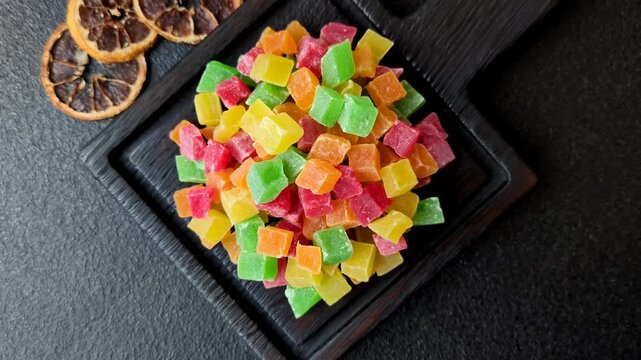 Candied fruit in colorful cubes as an ingredient for baked goods and sweets. Candied fruit as a food background for your design
