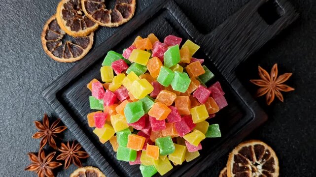 Candied fruit in colorful cubes as an ingredient for baked goods and sweets. Candied fruit as a food background for your design