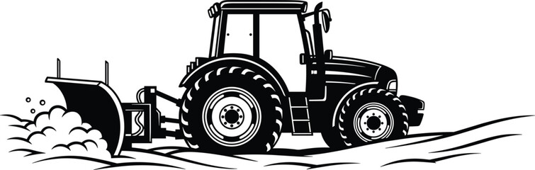 Tractor with snow plow clearing road winter machinery vehicle black vector illustration isolated on white background © Polash