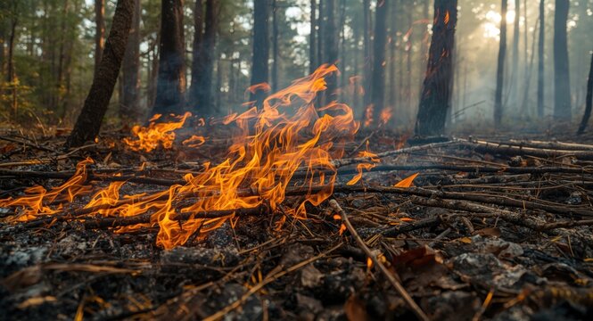 Close up of a carefully managed forest fire in a longleaf pine ecosystem