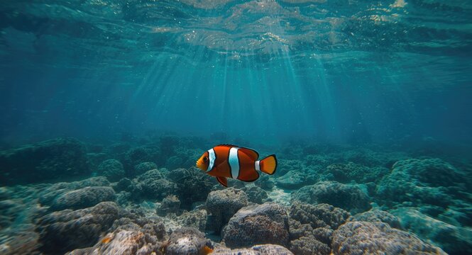 Close up of chelmon rostratus fish swimming over rocky coral seafloor