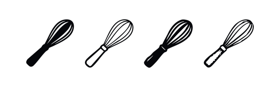 Collection of whisk icons in various styles. Hand-drawn kitchen utensil for baking and cooking.