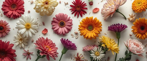 colorful blooms arranged on a clear white background
