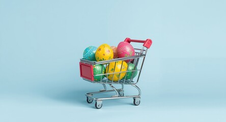 Obraz premium Creative advertisement showing colorful Easter eggs inside a shopping cart