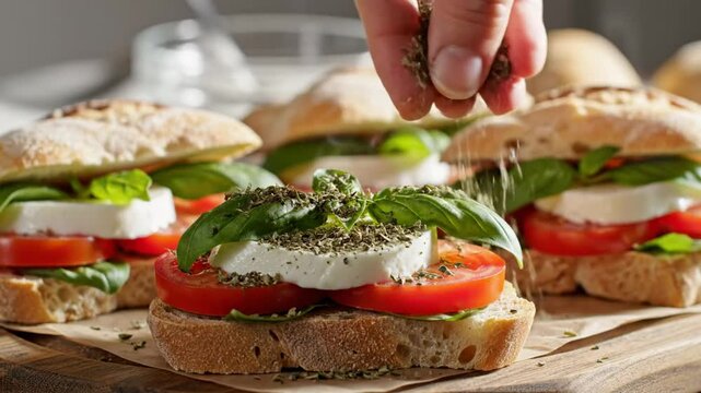 Chef adding dried herbs to a delicious caprese sandwich featuring fresh mozzarella, tomatoes, and basil on rustic bread