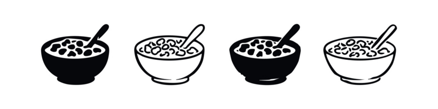 Cereal Bowl with Spoon Icon Set - Flake Cereal Black and White Vector Illustration