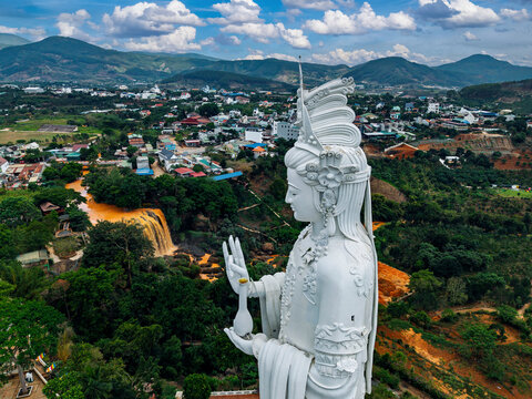 Aerial view of buddhism park with statue Linh An Pagoda near Elephant waterfall in Nam Ban Lam Dong province DaLat city, Vietnam.